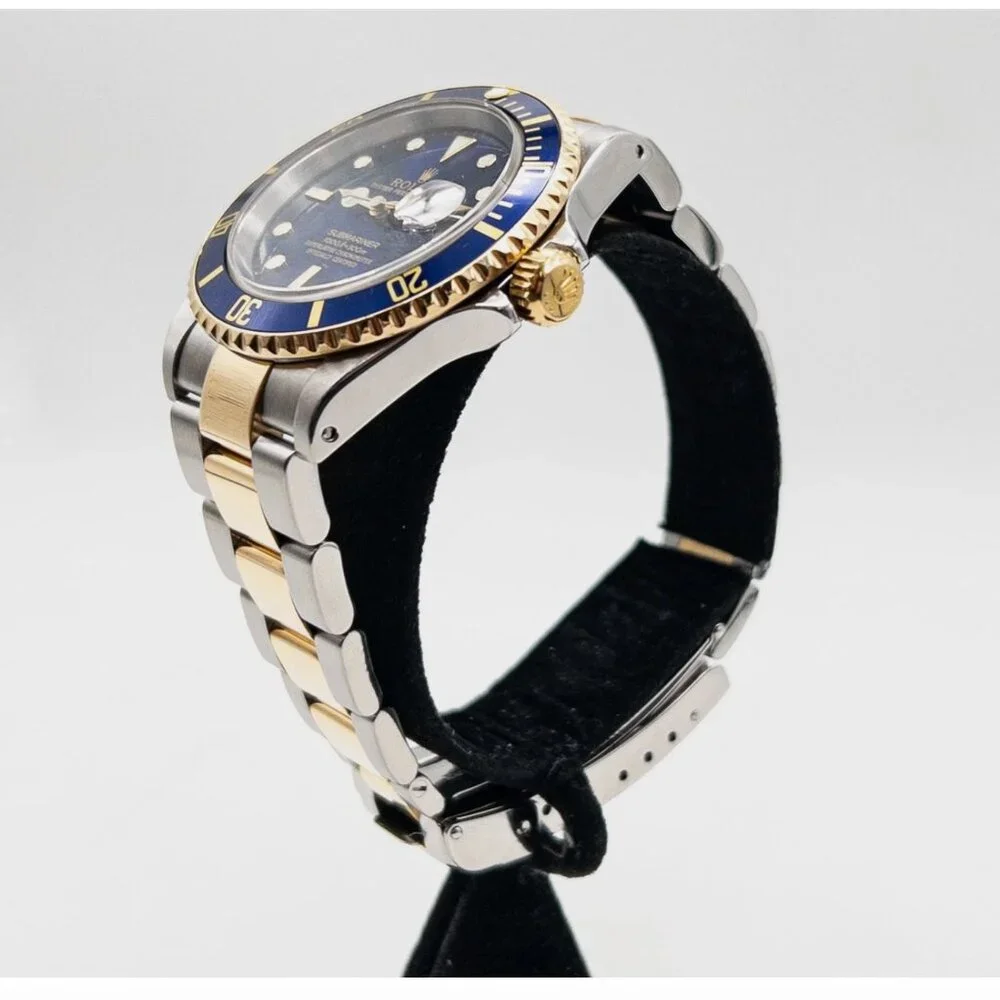RARE Rolex BLUE SUBMARINER MINT 18k Yellow Gold SS Mens Watch BOX PAPERS